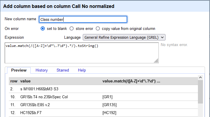 Screenshot of an OpenRefine window for "Add column based on column Call No normalized".  